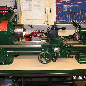 Southbend 10K bench lathe converted to underdrive.  note tension handle and motor at bottom left of pic