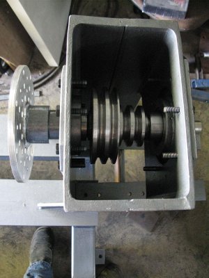 23. Fitted  shaft with 2 ratio pulleys, bearings and supports  and face plate fitted IMG_0663.jpg