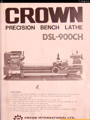 Bench Lathe Crown DSL 900CH Specs Setup & Parts List Manual 
