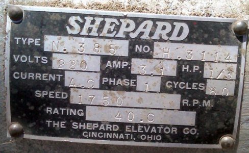 Shepard Elevator Motor nameplate.jpg
