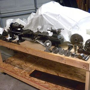 Restored Screw cutting Sloan & Chace 5-1/2 lathe with attachments.
Side view