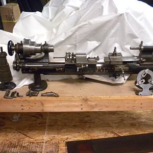 Restored Screw cutting Sloan & Chace 5-1/2 lathe with attachments.
Front view