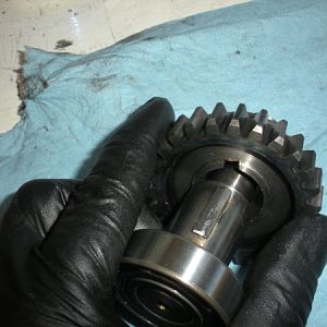 The lower 6203 bearing slides on followed by the pinion gear.