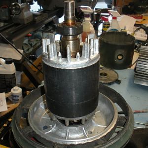 View of rotor sitting in motor base after windings have been removed.