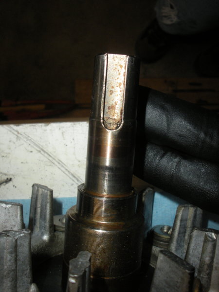 View of the rotor shaft after the top bearing is removed. This end gets the fan!